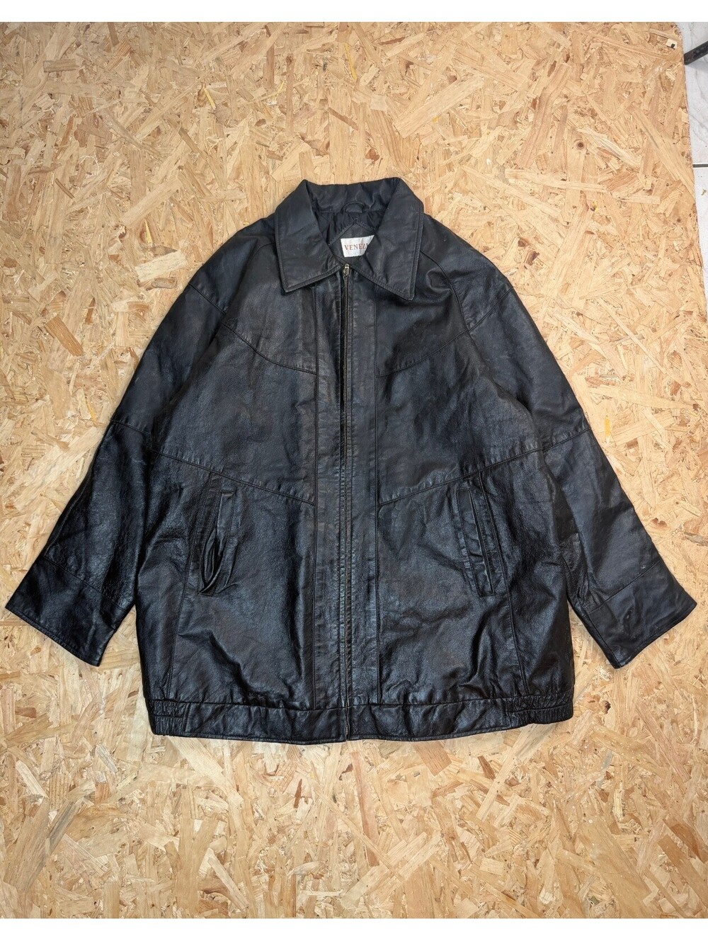 Venezia Womens Vintage Black Leather Jacket Oversized Bomber Coat Size L XL